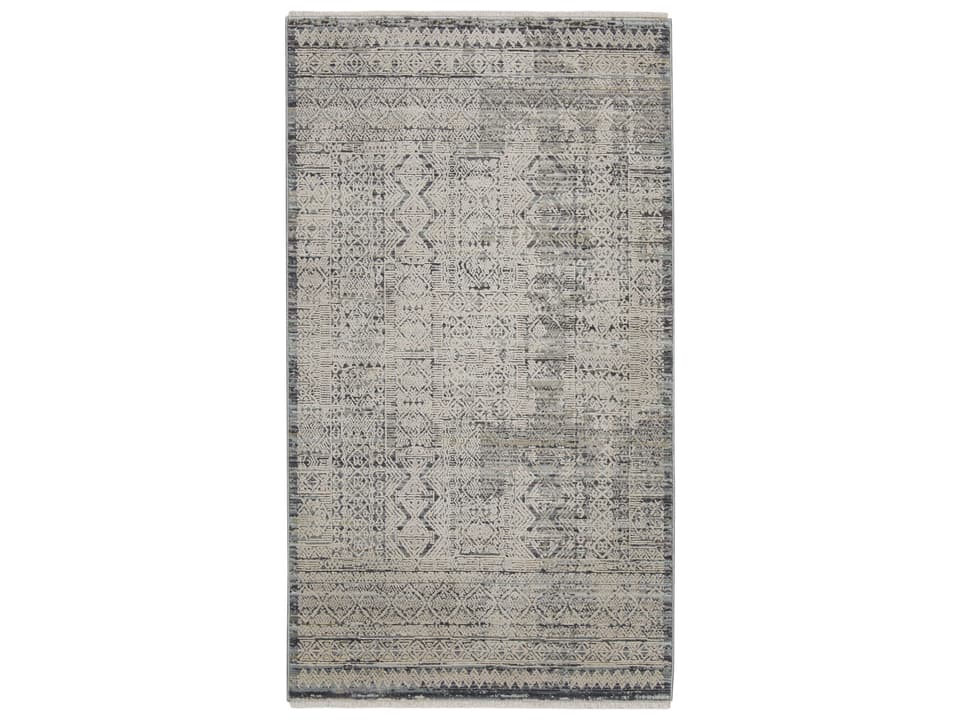 Lynx Collection Ivory Blue Tribal Power-Loomed Area Rug