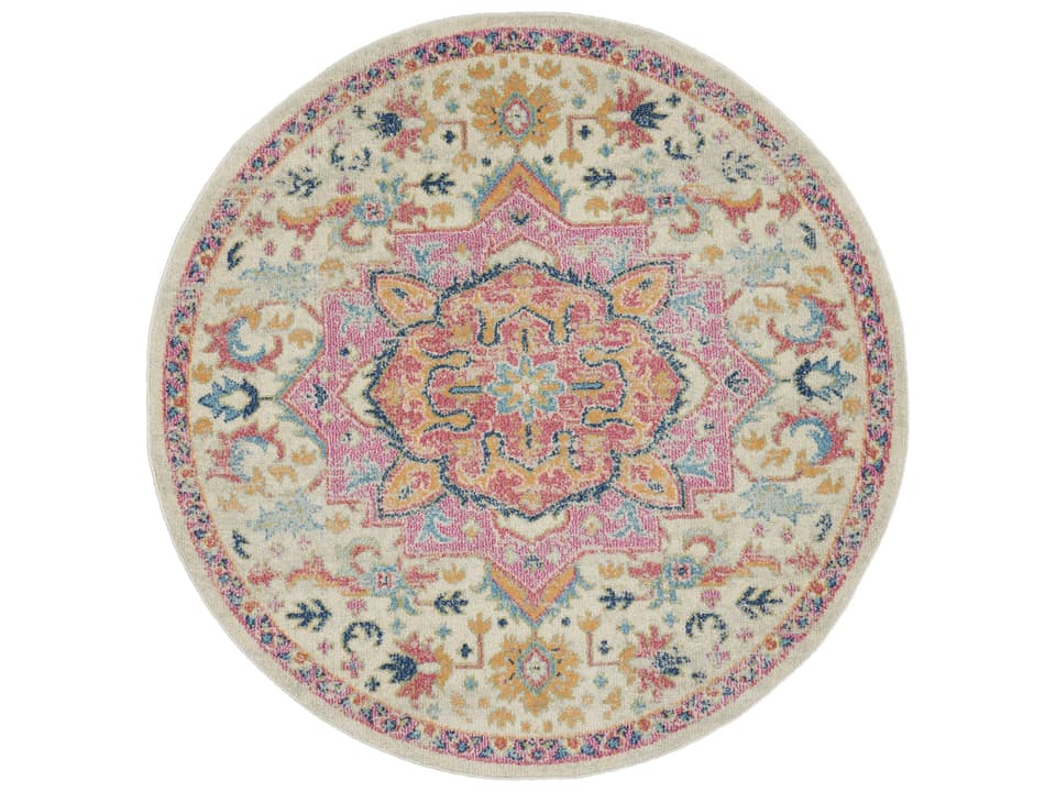 Passion PSN25 Ivory Pink 4-Foot Round Area Rug with Medallion Floral Pattern