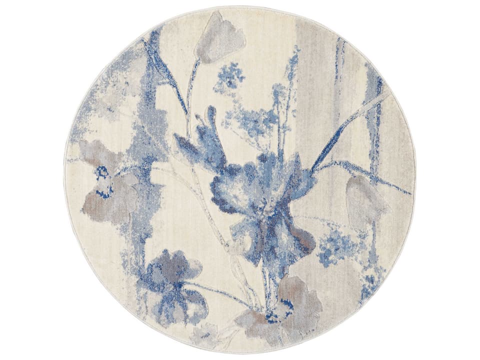 Somerset Impressionistic Floral Round Area Rug in Ivory and Blue