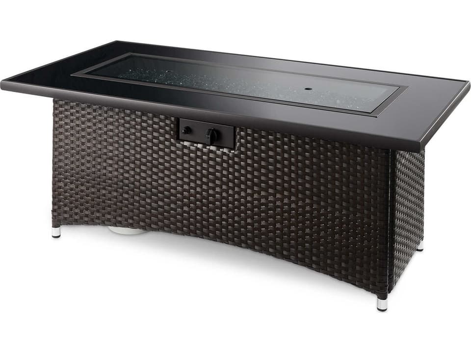 Montego Rectangular Wicker Gas Fire Pit Table with Black Glass Top