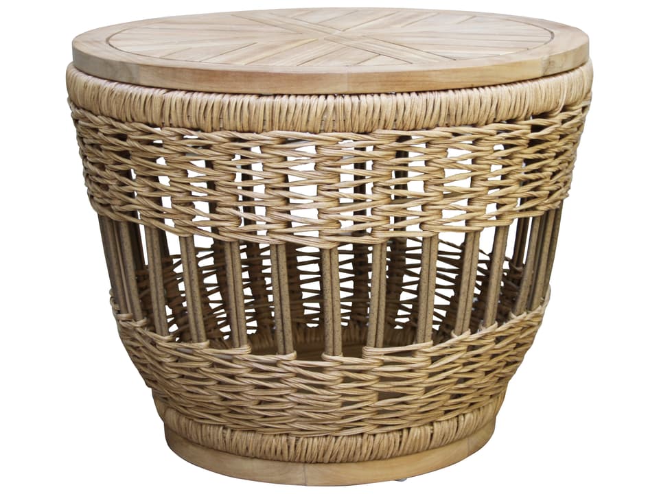 Bohemian 24-Inch Diameter Teak and Wicker Storage Accent Table