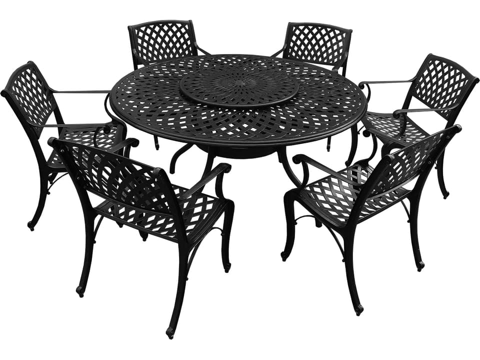 7-Piece Aluminum Round Outdoor Dining Set with Lazy Susan and 6 Armchairs Black
