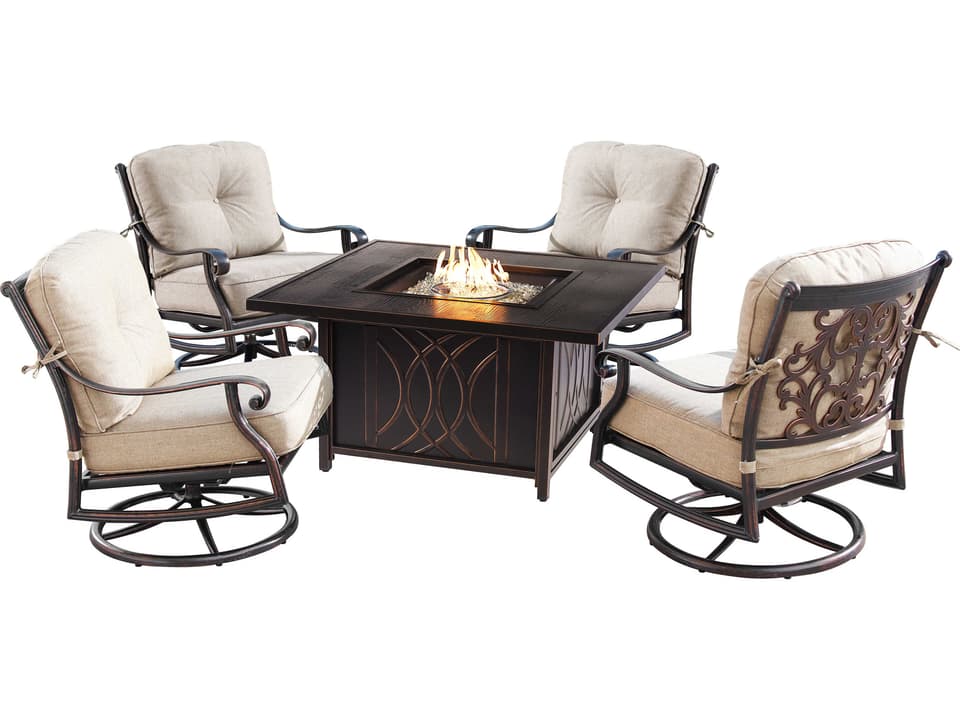 Canyon Cave 5-Piece Aluminum Cushion 42-Inch Square Fire Pit Table Set