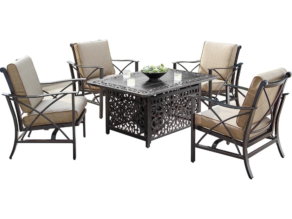 Cabos 5-Piece Rectangular Cast Aluminum Fire Pit Set with Swivel Chairs