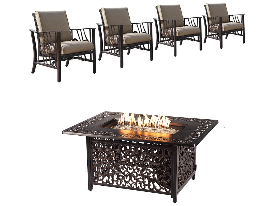 Cabos 5-Piece Rectangular Fire Pit Table Set with Beige Cushions
