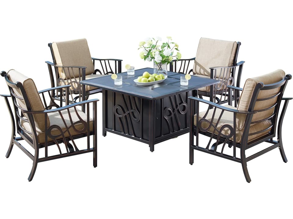 5-Piece 42-Inch Square Cast Aluminum Fire Pit Set