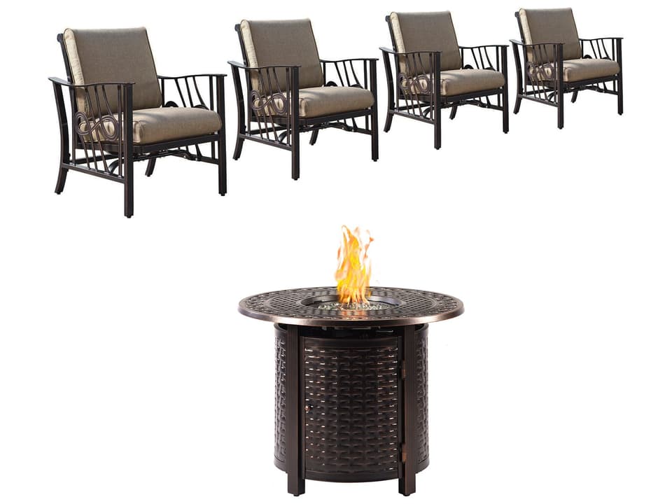 Romero 34-Inch Round Cast Aluminum 5-Piece Fire Pit Set in Antique Copper