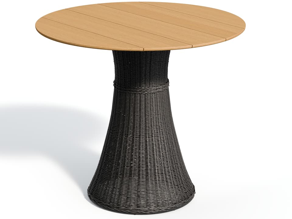 Tulle 48 Inch Round Teak Top Wicker Bar Table in Shadow and Natural