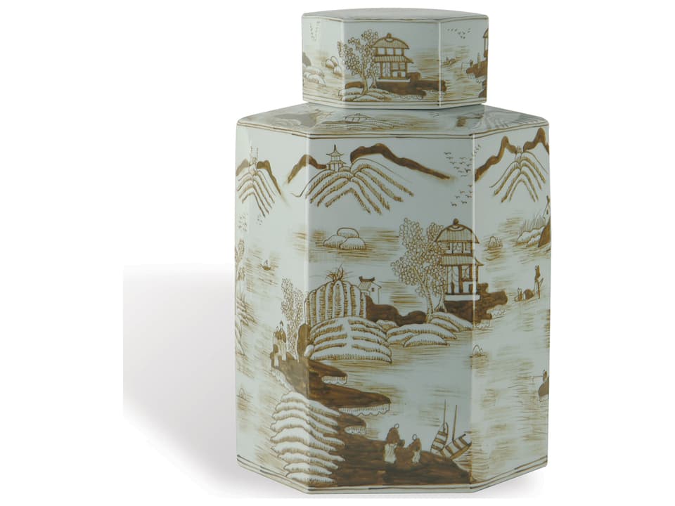 Canton Large Hexagon Decorative Jar in Brown and White Porcelain