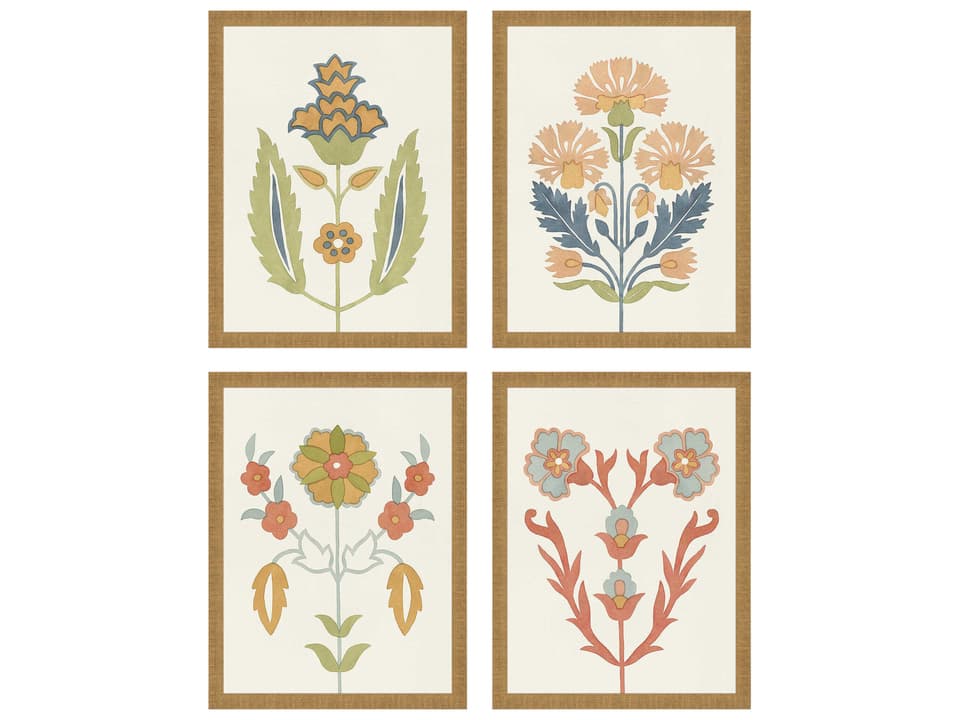 Florals Folk Flourish 4-Piece Framed Wall Art Set with Distressed Gold