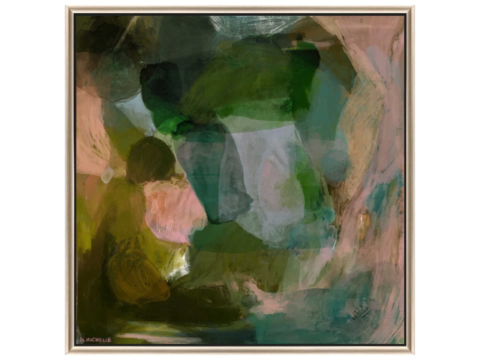 Manifest Abstract Green Pink Canvas Wall Art with Silver Floater Frame