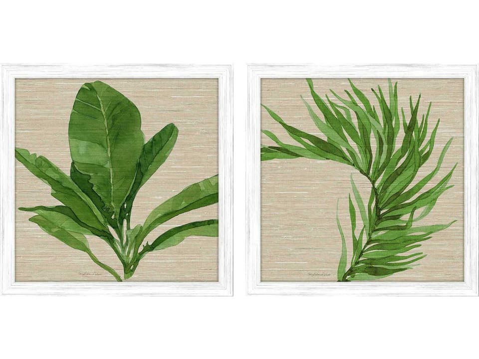 Palm Isle-II Green Palm Leaf Botanical Wall Art Set of 2 in Whitewash Distressed Wood