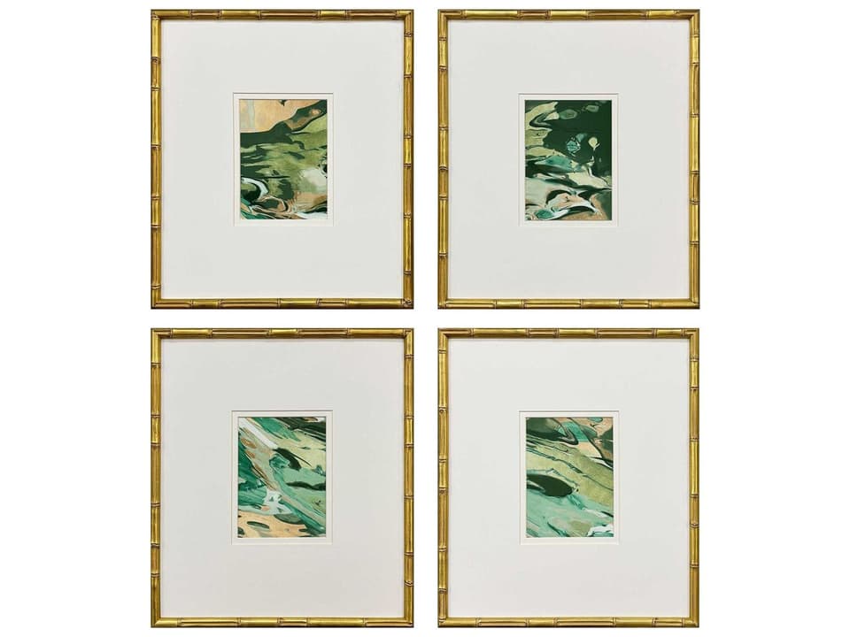 Verdant Fusion 4 Piece Abstract Framed Wall Art Set in Antique Gold