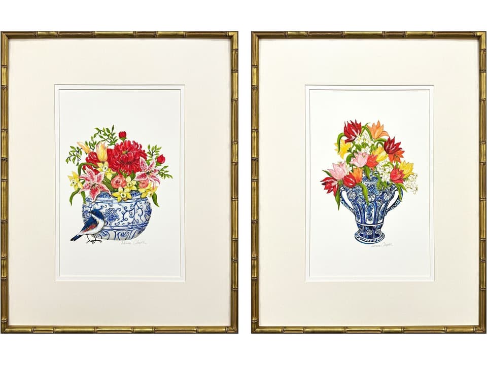 Blue And White I Giclee Framed Wall Art Set of 2 with Antique Gold Finish