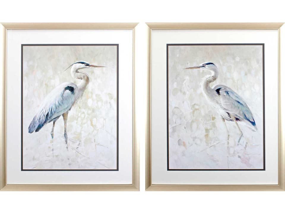 Waterside Great Blue Heron Framed Art Set of 2 with Champagne Frame