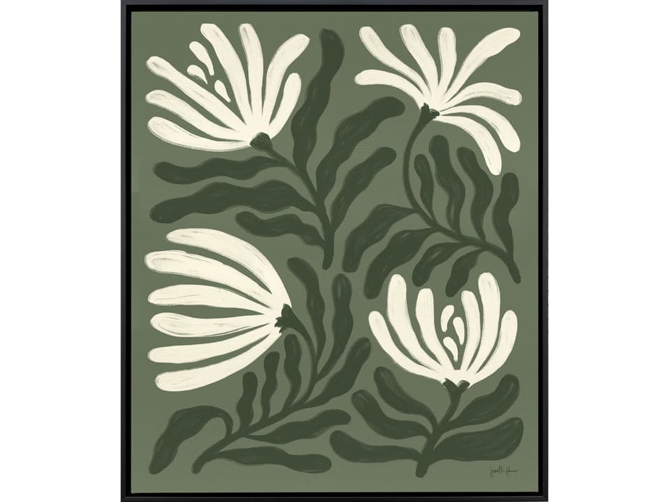 Simple Petals I Canvas Wall Art in Green and Beige with Black Floater Frame