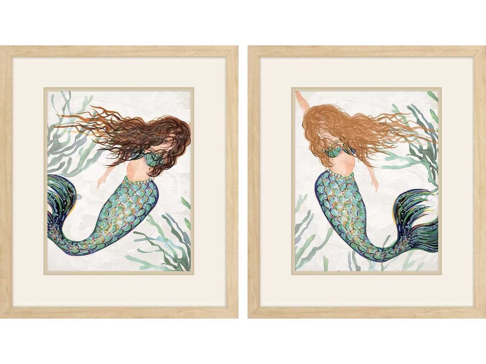 Mermaid Framed Wall Art Set of 2 Natural Wood Finish