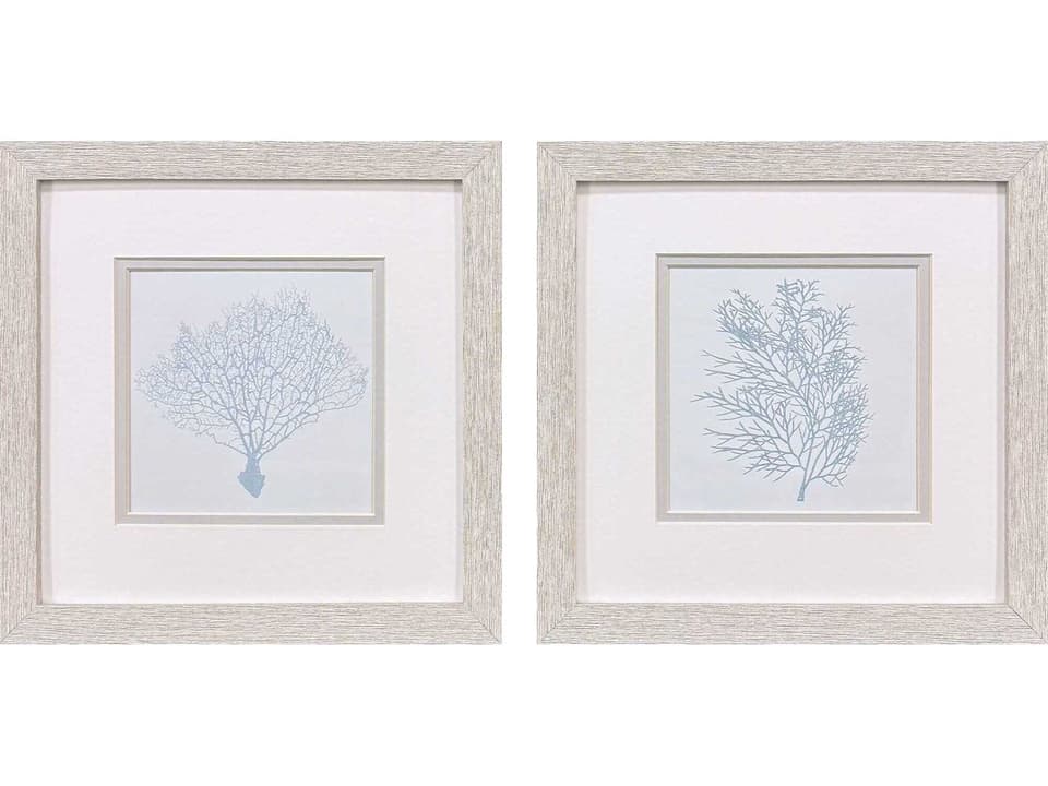 Waterside Soft Coral Framed Wall Art Set of 2 with Distressed Whitewash Frame