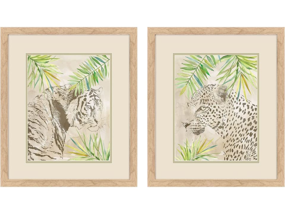 Boho Jungle Cat Framed Art Set of 2 with Natural Wood Finish Frames