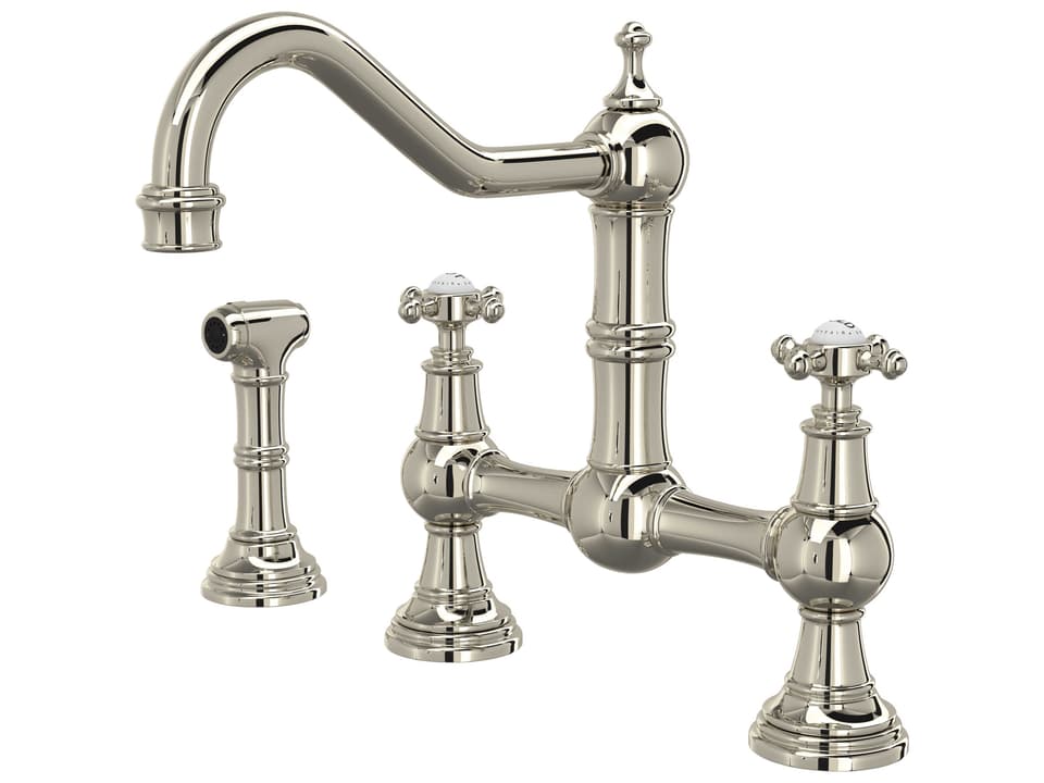 Edwardian Polished Nickel Bridge Kitchen Faucet with Sidespray Cross Handles