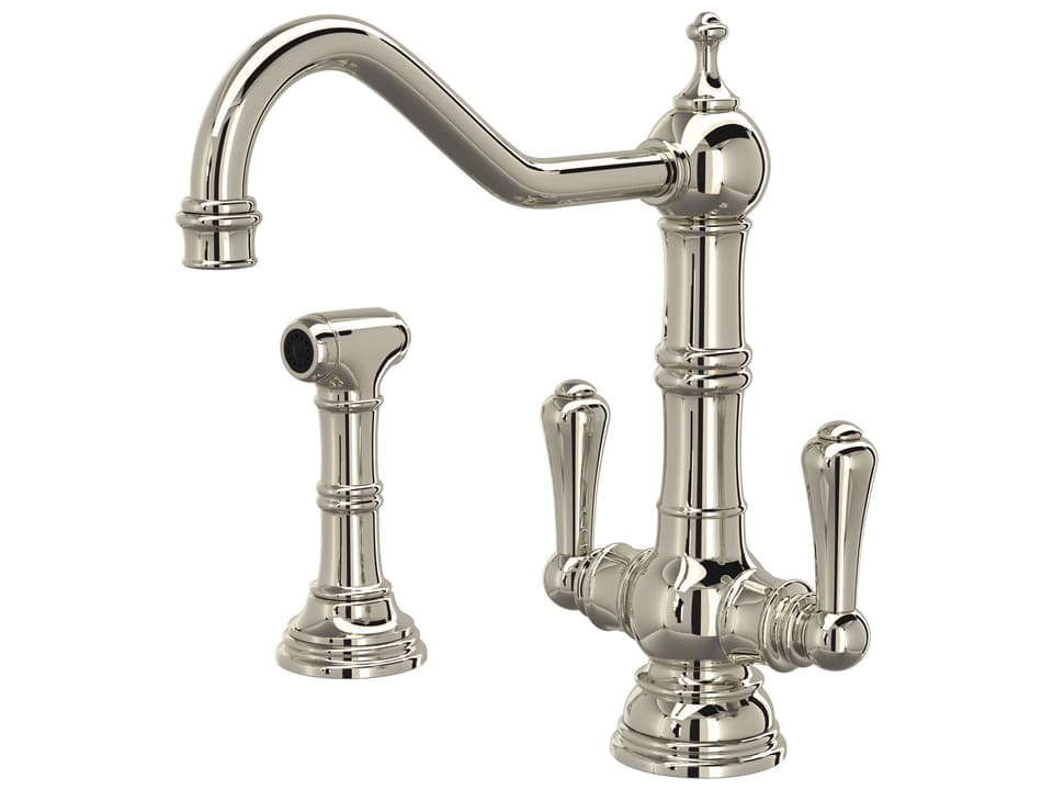 Edwardian Two Handle Kitchen Faucet with Side Spray in Polished Nickel