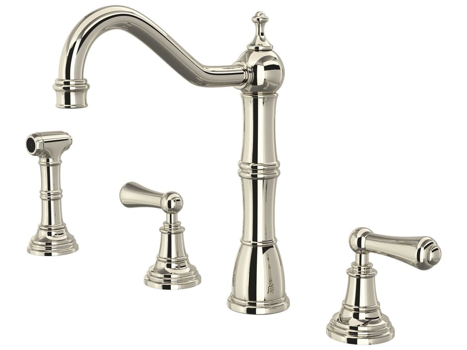 Edwardian Two Handle Kitchen Faucet with Side Spray in Polished Nickel