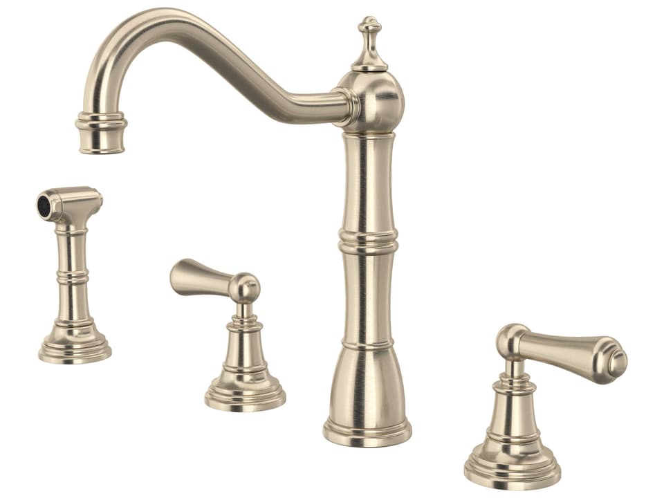 Edwardian Two Handle Kitchen Faucet with Side Spray in Satin Nickel