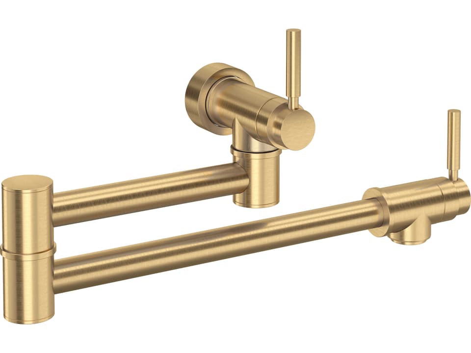 Holborn Wall Mount Pot Filler in Satin English Gold with Lever Handles
