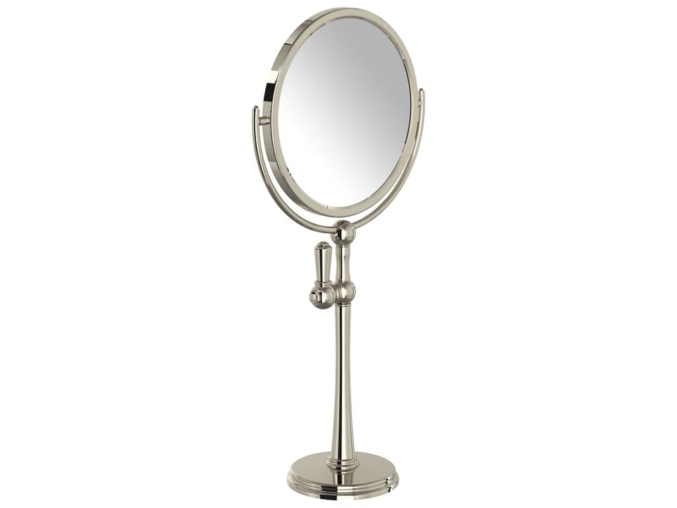 Freestanding Round Makeup Mirror in Polished Nickel