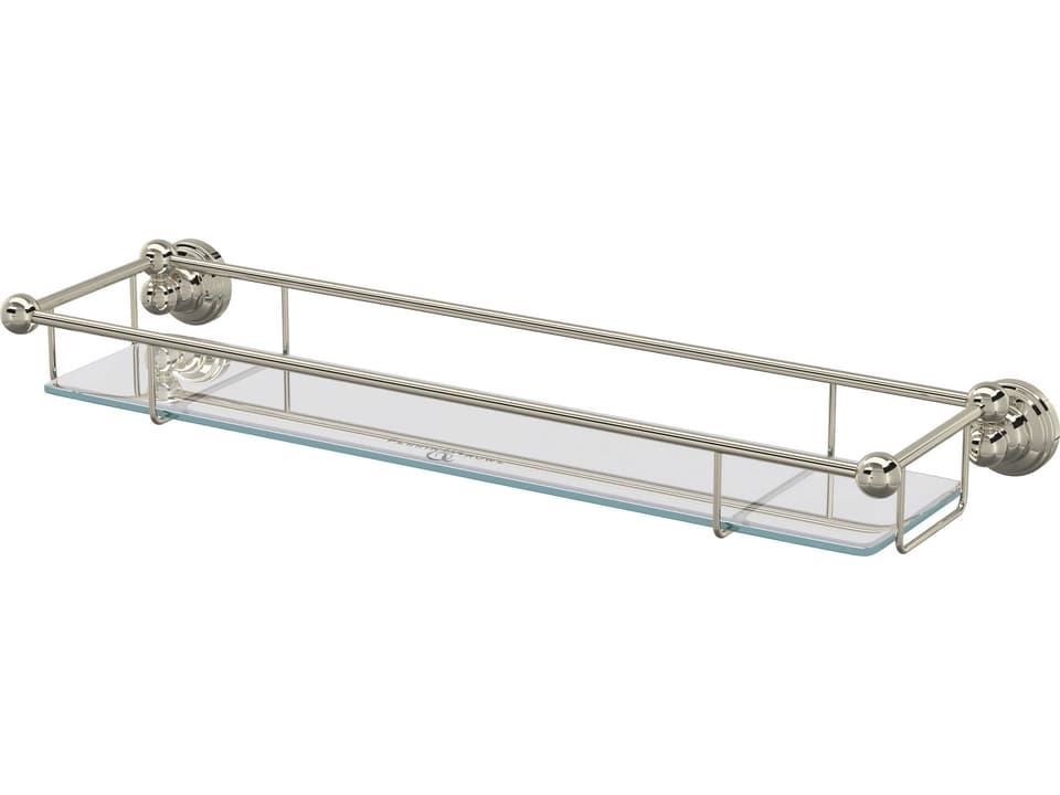 Edwardian Wall Mount Tempered Glass Vanity Shelf in Polished Nickel