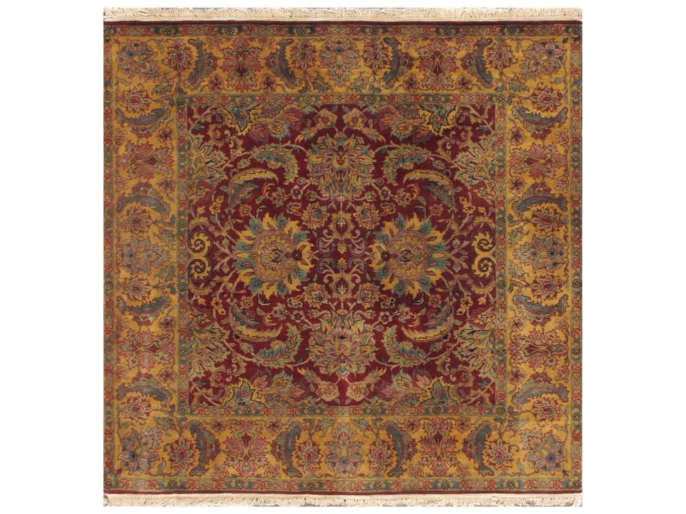 Agra Crown Jewel Bordered Hand-Knotted Area Rug in Red and Gold
