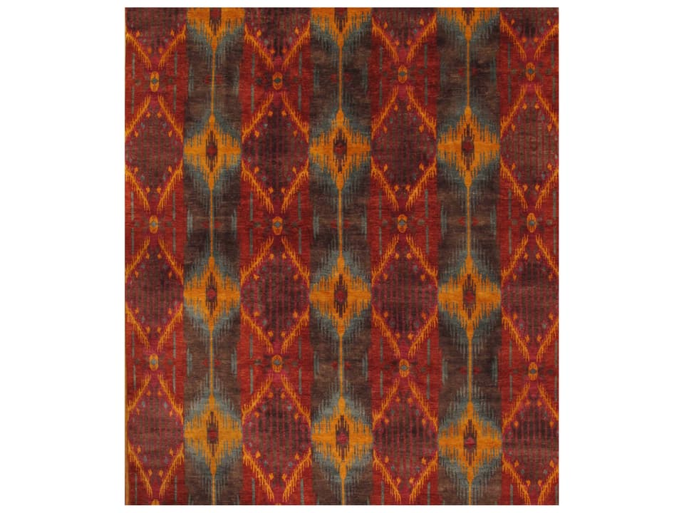 Ikat Hand-Knotted Wool Area Rug 9x12 Rust Multi