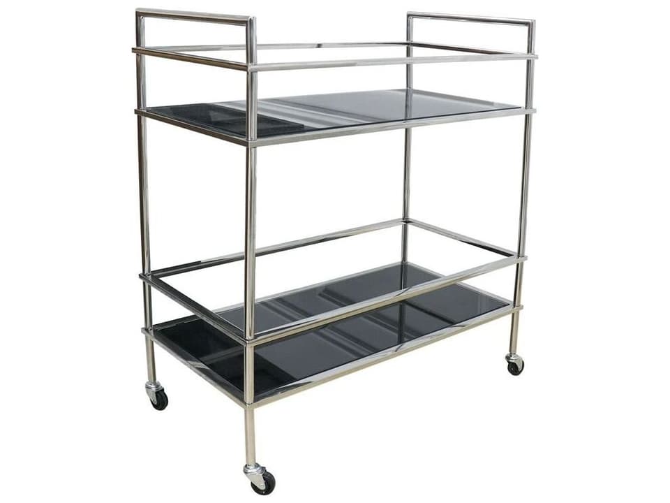 Luxe Glass Bar Cart with Silver Chrome Frame and Black Shelves