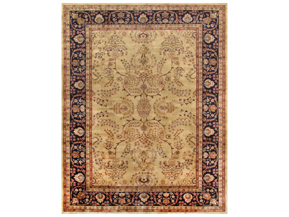 Azerbaijan Bordered Hand-Knotted Silk and Wool Area Rug in Ivory