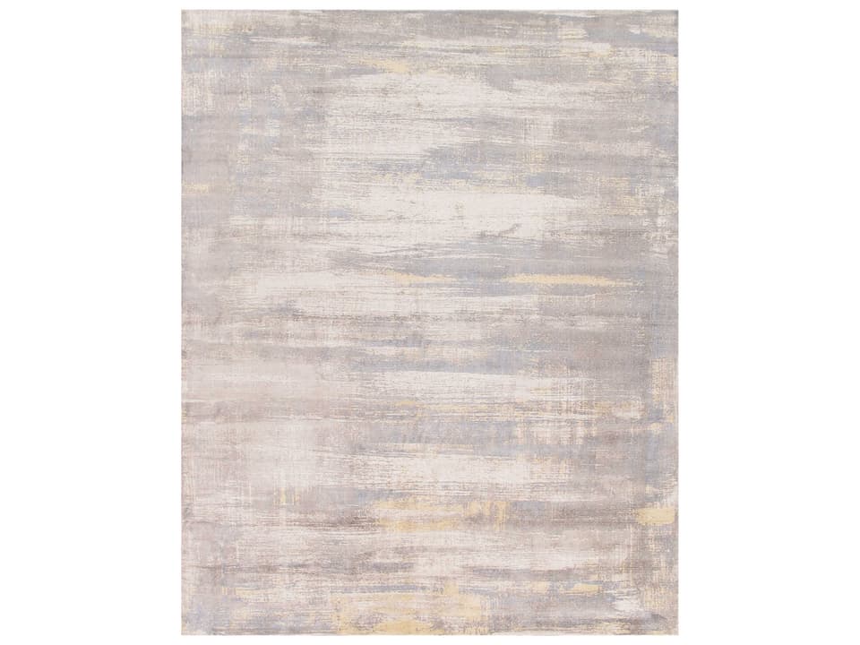 Modern Collection Hand-Loomed Abstract Area Rug in Ivory Bamboo Silk and Wool