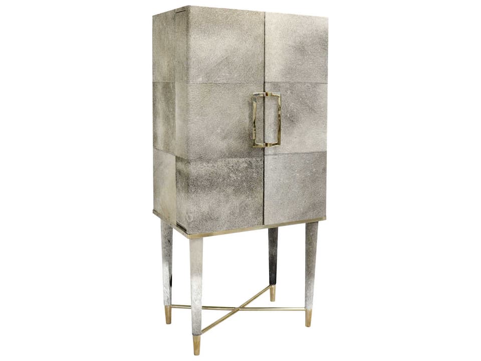 Safari Silver Foil Cowhide Bar Cabinet with Gold Stainless Steel