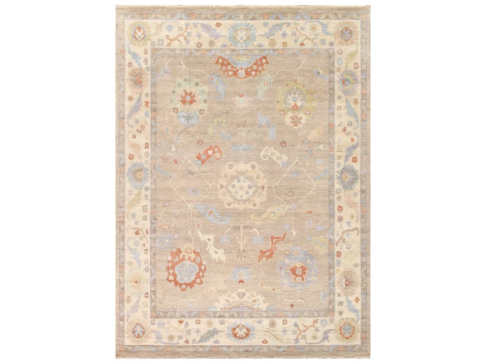 Oushak Hand-Knotted Wool Area Rug with Bordered Design