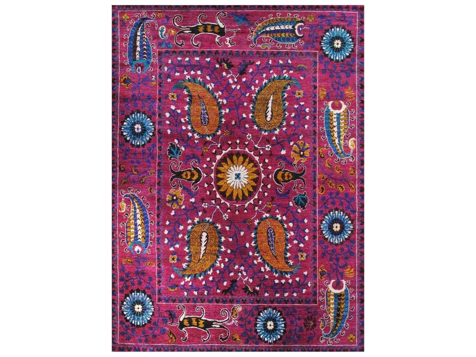 Azerbaijan 8'7" x 11'8" Bordered Area Rug in Ivory Blue and Red Lamb's Wool