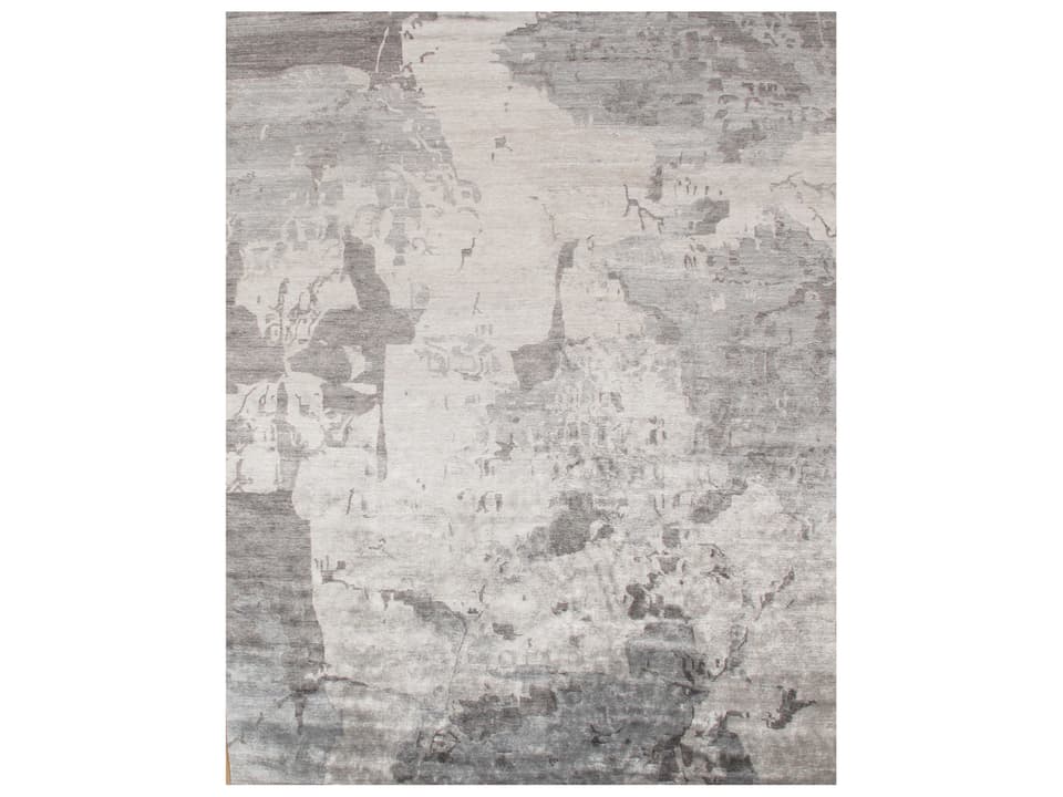Modern Abstract Hand-Knotted Silk Wool Area Rug 10x14 Beige Blue