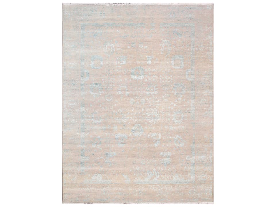 Transitional Hand-Knotted Bamboo Silk Wool Bordered Area Rug in Silver