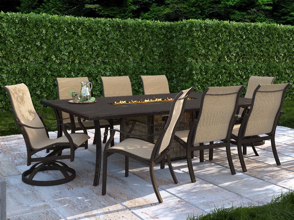Madrid Sling Cast Aluminum Fire Pit Patio Dining Set