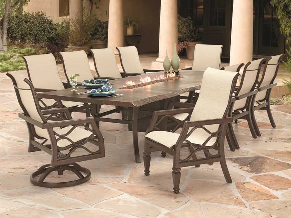 Villa Bianca Sling Cast Aluminum Casual Fire Pit Patio Dining Set