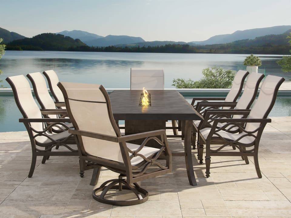 Villa Bianca Sling Cast Aluminum Fire Pit Outdoor Dining Set