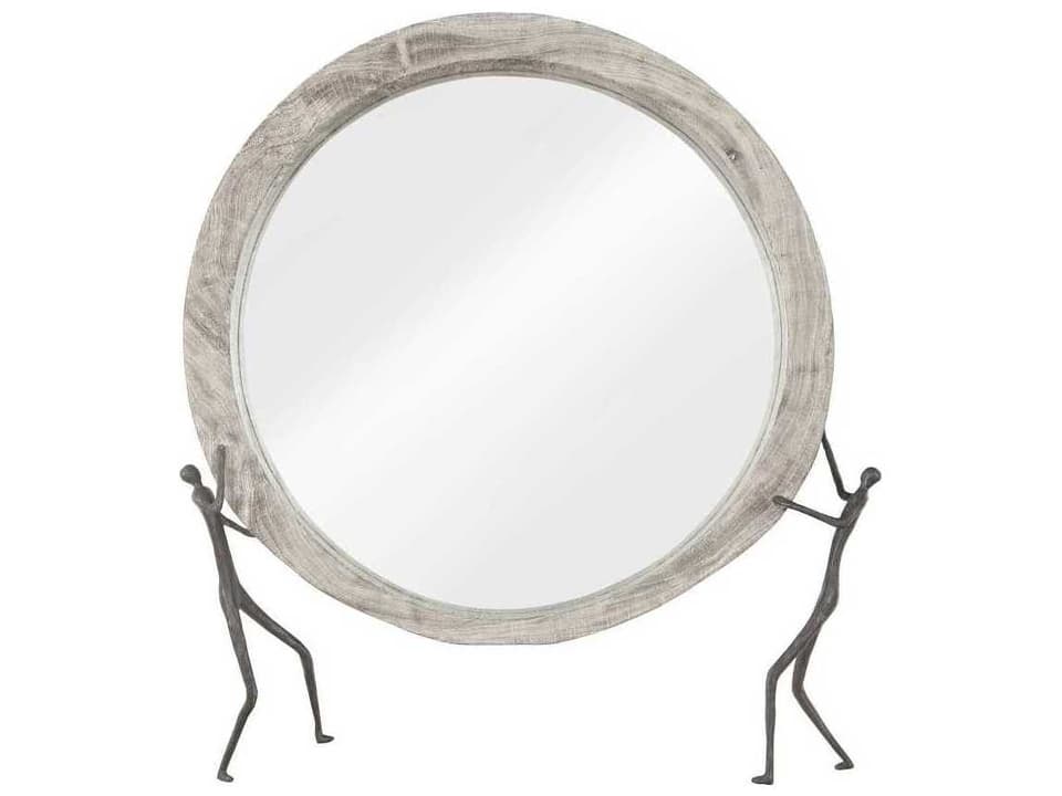Atlas Gray Stone Round Wall Mirror with Metal Figures