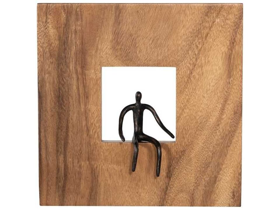 Atlas Square Metal Wall Art with Sitting Figure Natural Wood