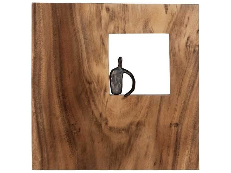 Atlas Square Wall Decor with Posing Figure in Natural Wood and Bronze