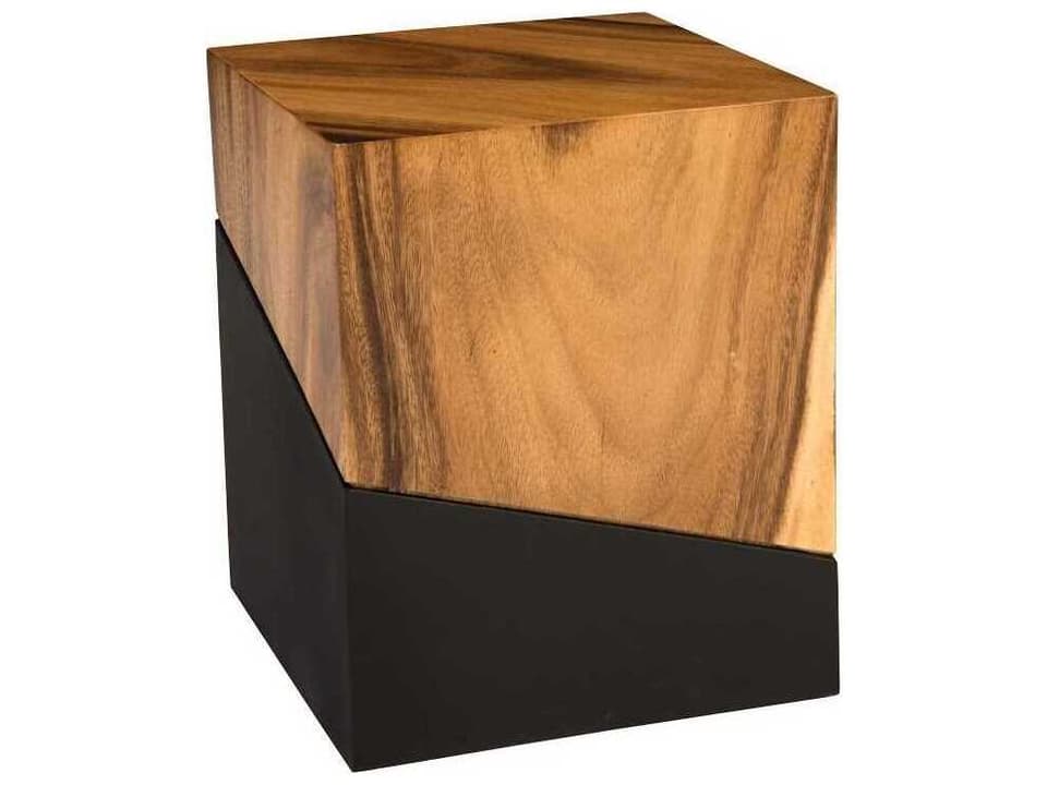 Geometry Natural Chamcha Wood Accent Stool with Metal and Iron Accents