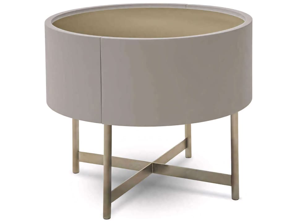 Dedalo 1-Drawer Round Nightstand with Ecru Matt Lacquer Bronze Glass Champagne Metal