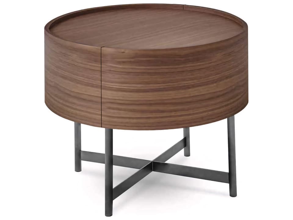 Dedalo 1-Drawer Round Nightstand in Canaletto Walnut and High Gloss Titanium