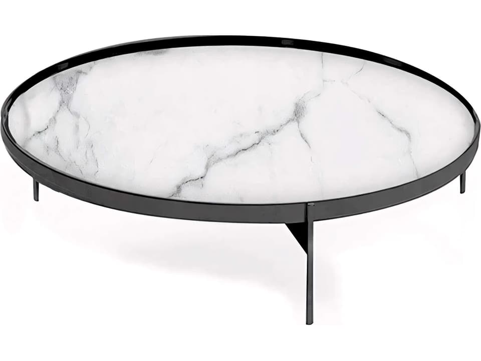 Abaco Round Coffee Table Calacatta Marble Glass Top Titanium Base